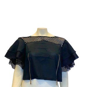 Black Crop Top  Fishnet Blouse with Gold Zippers